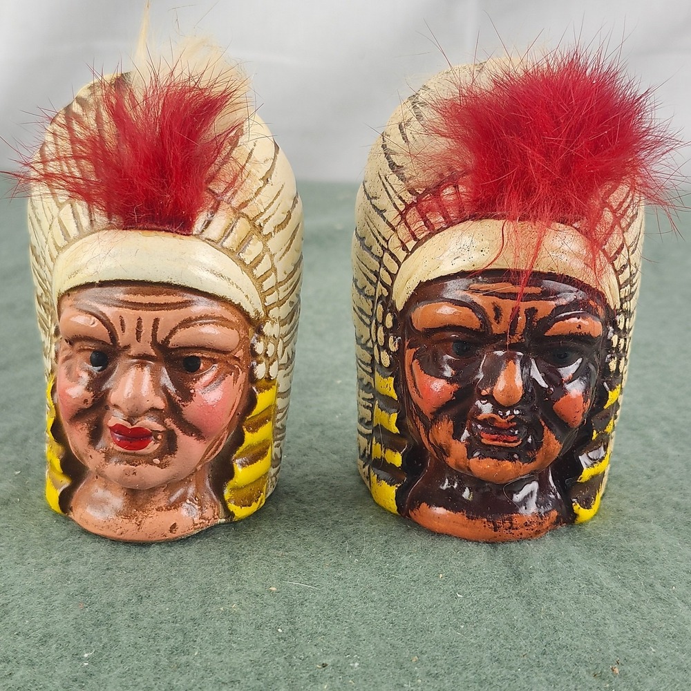 RARE Salt & Pepper Shaker Set: Porcelain Indian Heads Almco Made In Japan